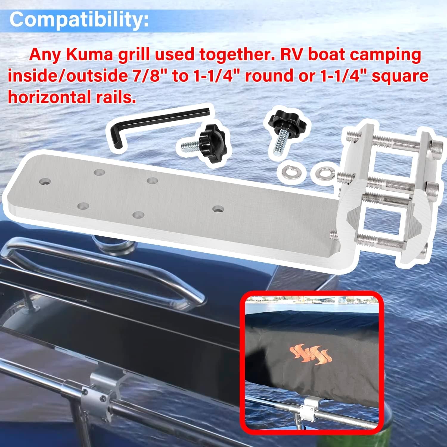 58182 Stow N' Go Grill Rail Mount Bracket. Compatible with Any Kuma Grill and RV Boat Camping Inside/Outboard 7/8 to 1-1/4 round or 1-1/4 Square Horizontal Railings - Image 2