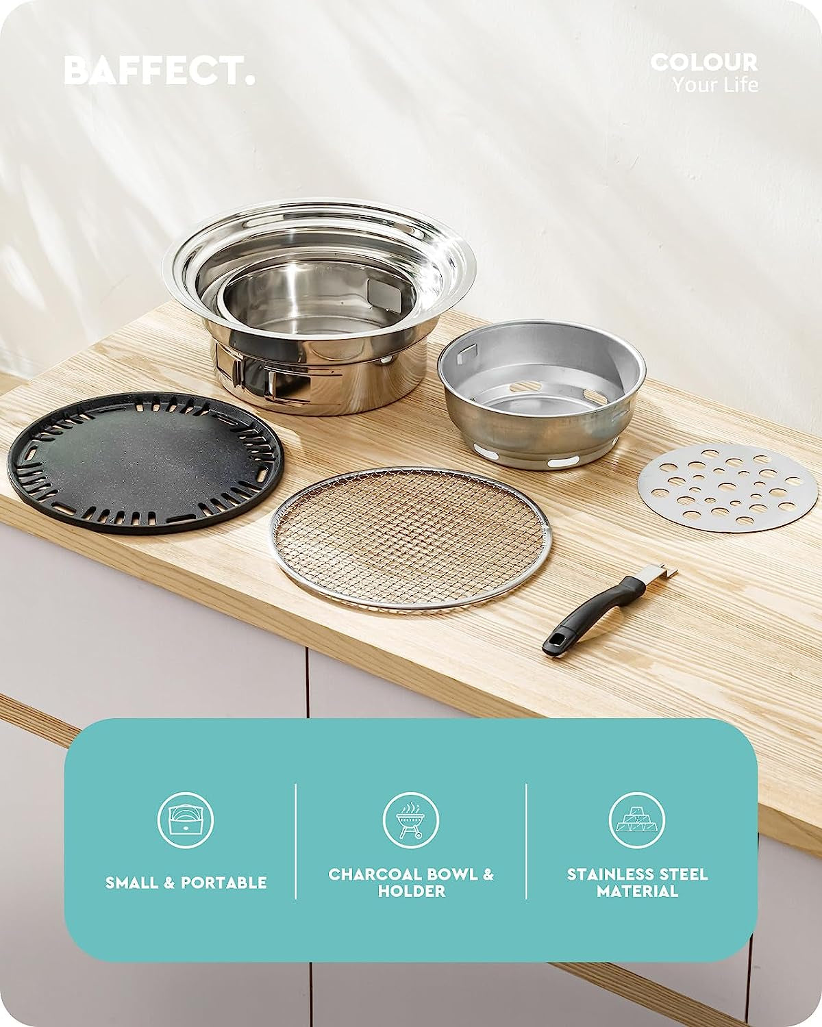 Baffect BBQ Charcoal Grill. 13.7 Inch Non-Stick Stainless Steel Korean Barbecue Grill. Portable Charcoal Stove for Outdoors Camping Picnic and Indoor Party Cooking - Image 2