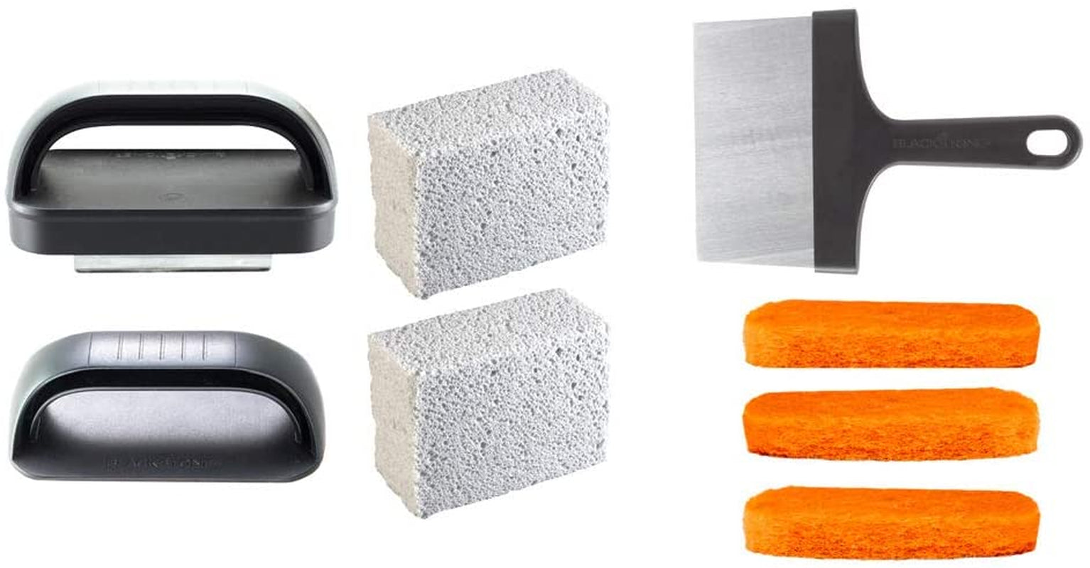 5060 Grill & Griddle Kit 8 Pieces Premium Flat Top Grill Accessories Cleaner Tool Set-1 Stainless Steel 6 Scraper. 3 Scouring Pads. 2 Cleaning Bricks. and 1 Handle. Black - Image 2
