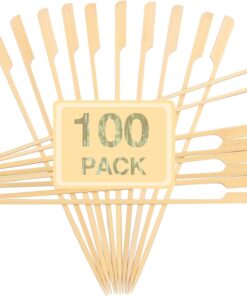 10-Inch Skewer for BBQ Kebab. Unbleached Long Bamboo/Wood Roasting Sticks for Grill -Heavy Duty Thickness -Flat Stick Flag Handle -With Dust-Free Packaging (100-Pack)