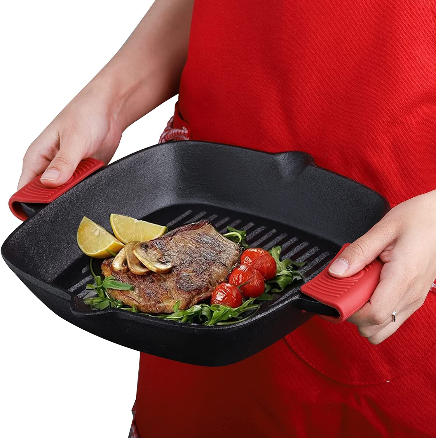 Cast Iron Grill Pan. 10 Square Skillet with Easy Grease Drain Spout and Two Heat Insulated Silicone Handle Cover. Pre Seasoned Grill Pan for Grilling Bacon. Steak. Meats. Camping - Image 3