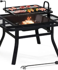 Sunjoy 38 In. Fire Pit for Outside. Square Wood Burning Firepit Large Steel Fire Pits with Adjustable Cooking Swivel BBQ Grill and Fire Poker Black