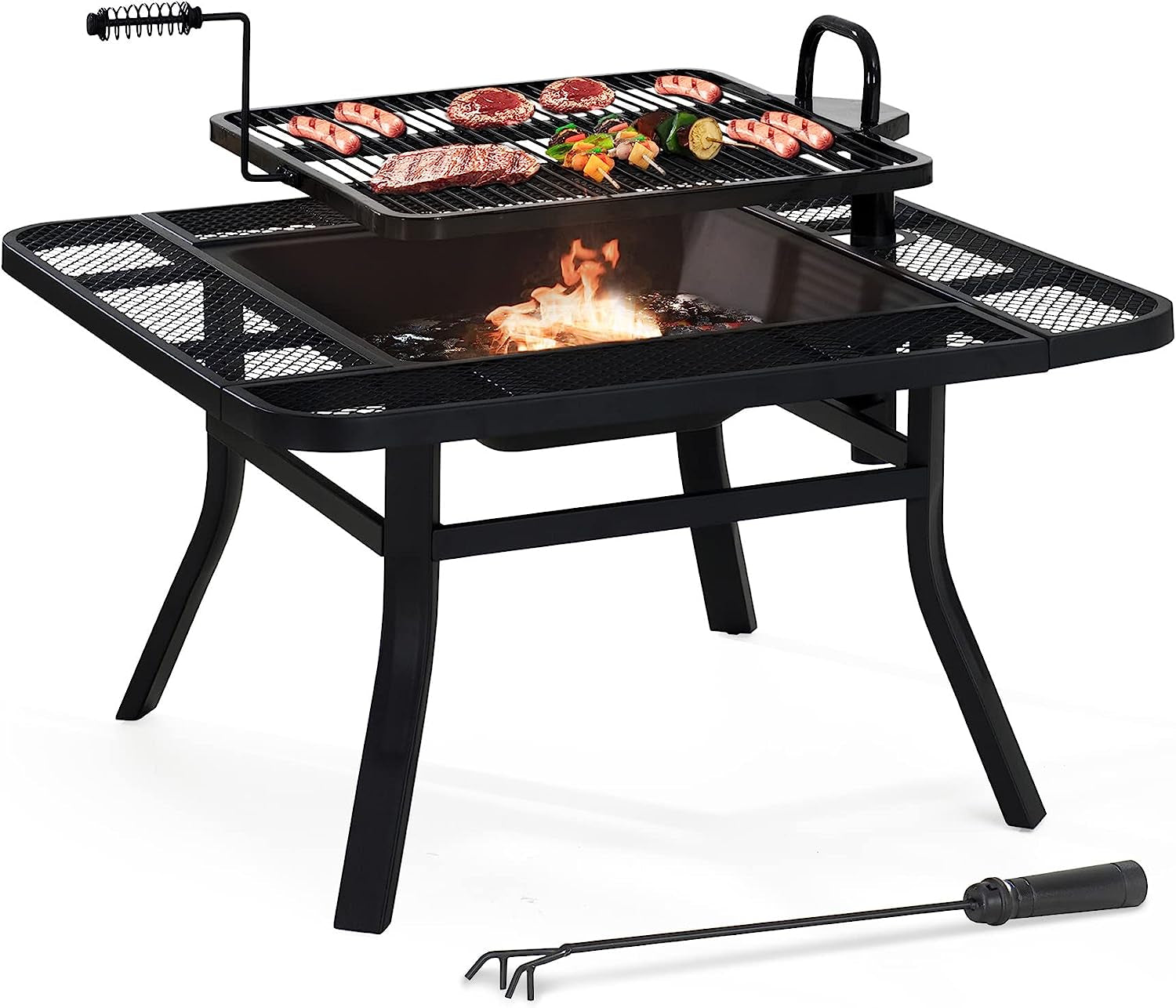 Sunjoy 38 In. Fire Pit for Outside. Square Wood Burning Firepit Large Steel Fire Pits with Adjustable Cooking Swivel BBQ Grill and Fire Poker Black
