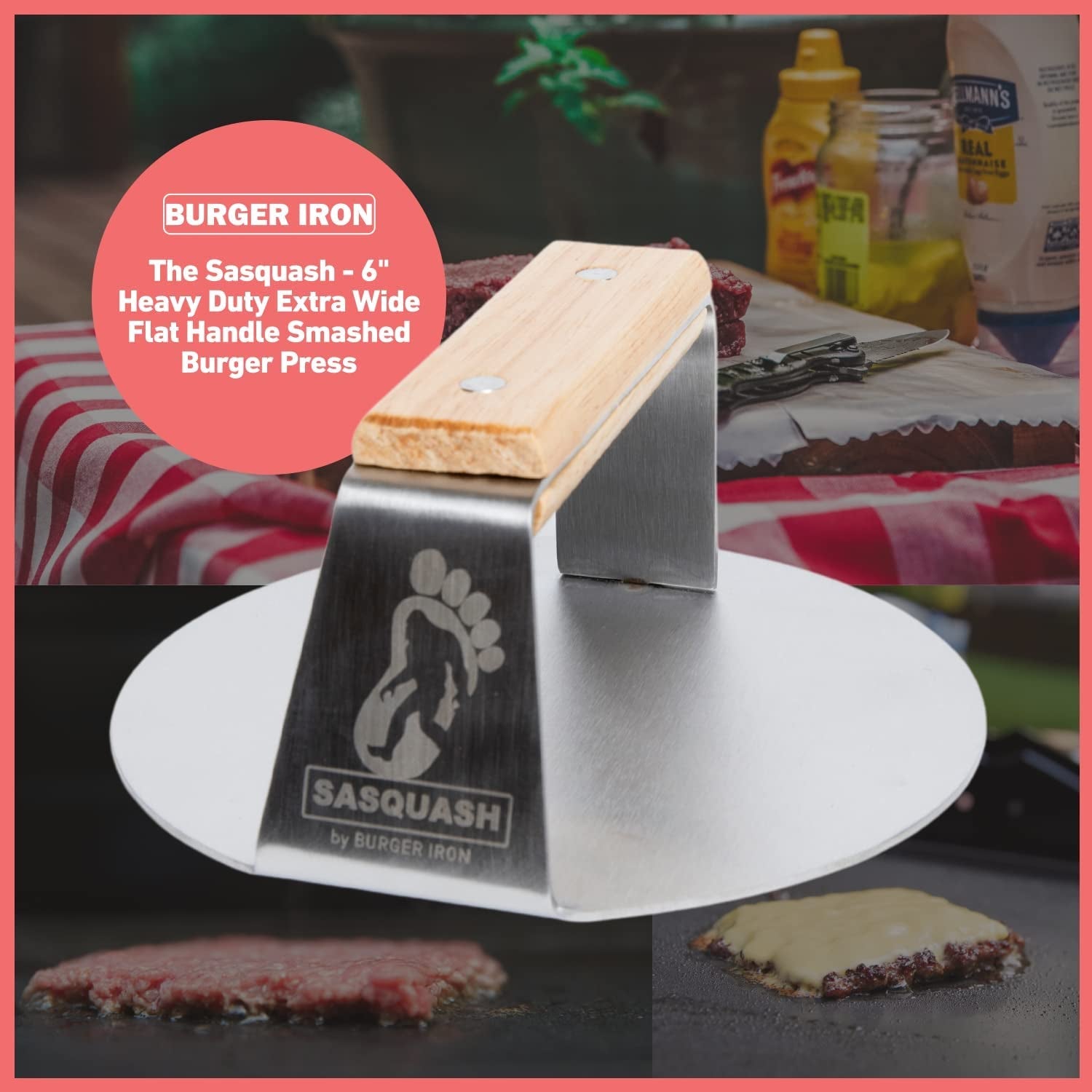 The Sasquash Indestructible Burger Smasher - Professional Grade Wide Flat Handle Smashed Burger Press - Heavy Duty One-Piece Welded Stainless Steel BBQ Griddle and Grill Tool - Image 6