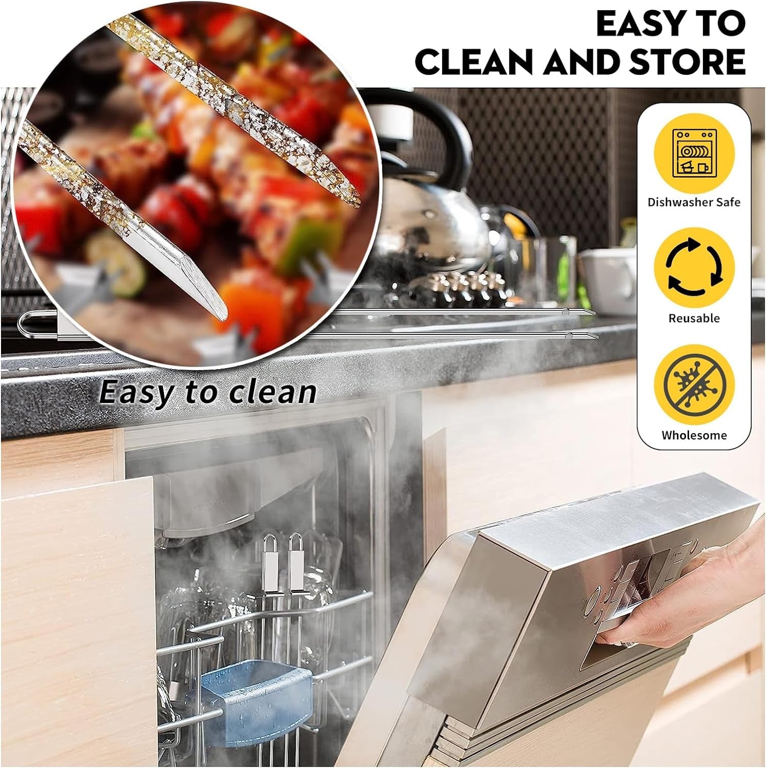 10PCS Kabob Skewers for Grilling.3.Double and Single Pronged Grilling Accessories.304 Stainless Steel Metal Skewers for Kabobs with Push Bar for Quick Release.With Storage Bag and Oil Brush - Image 5