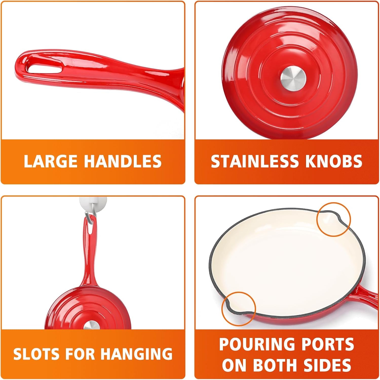 Hisencn Enameled Cast Iron Cookware Set - 7 Piece Set of Dutch Ovens. Sauce Pan. Skillet. 3 Lids. Dutch Oven Set. Ceramic Coated Cast Iron. Heavy Duty. Gas/Induction Compatible. PFA Free (Rouge Red) - Image 9