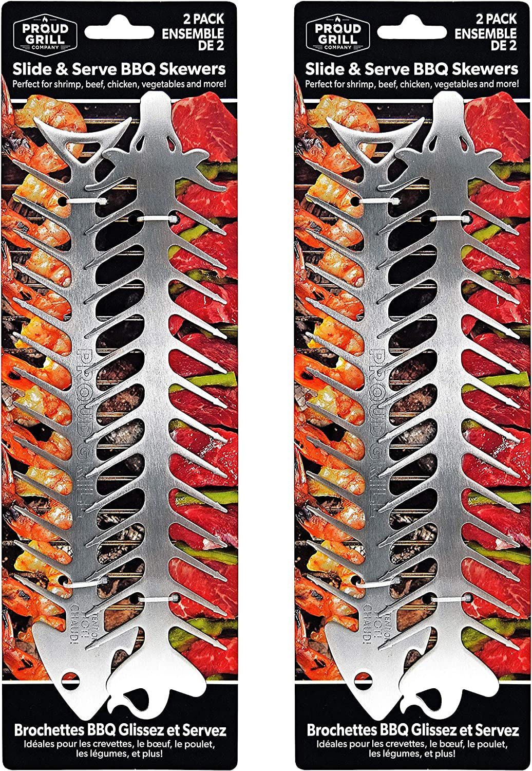 Proud Grill Slide & Serve BBQ Skewers - Set of 4 Stainless Steel Reusable Barbecue Skewers | Ideal for Grilling Shish Kabobs | Use for Beef. Pork. Chicken. Vegetable and Shrimp Kabobs.