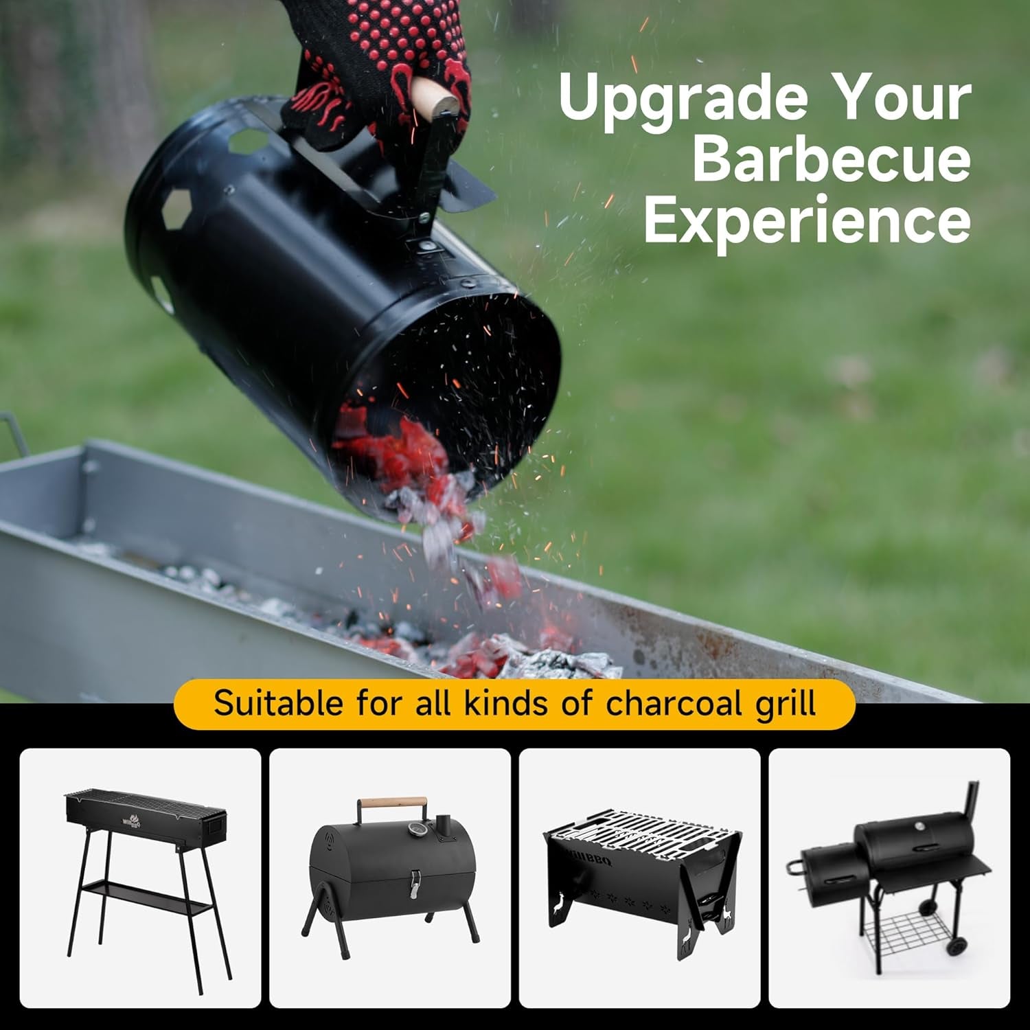 Charcoal Chimney Starter. Heavy Duty Premium Chimney Starter for Charcoal Grills BBQ Accessory with Heat Resistant Wooden Handle for Outdoor Grill Camping (Black) - Image 2