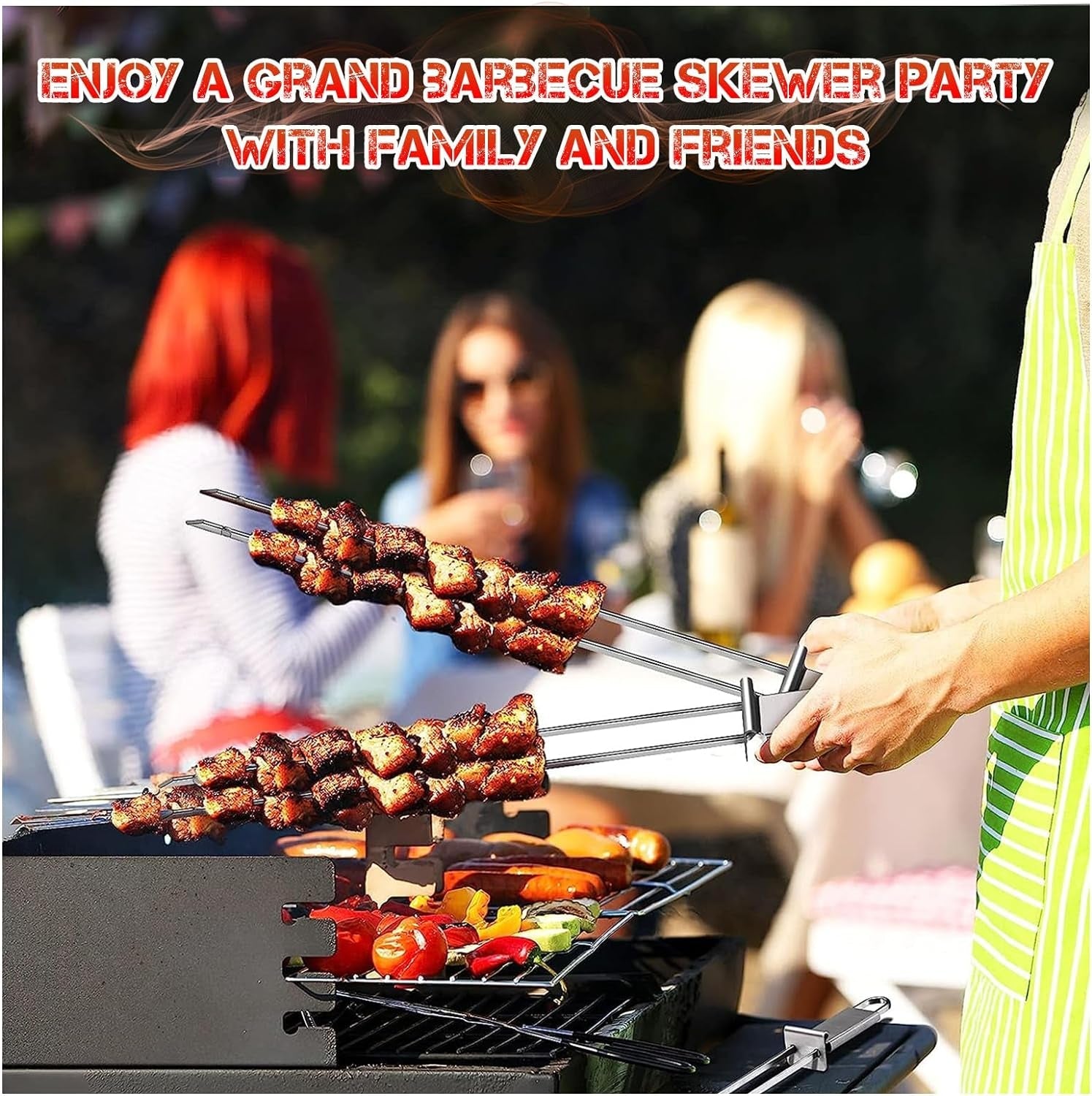 10PCS Kabob Skewers for Grilling.3.Double and Single Pronged Grilling Accessories.304 Stainless Steel Metal Skewers for Kabobs with Push Bar for Quick Release.With Storage Bag and Oil Brush - Image 7