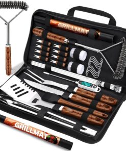 31Pcs BBQ Grill Accessories Set for Men Dad. Heavy Duty Grilling Tools Gifts for Fathers Day. Stainless Steel BBQ Utensils Kit with Mats. Grill Brush in Carrying Bag Brown