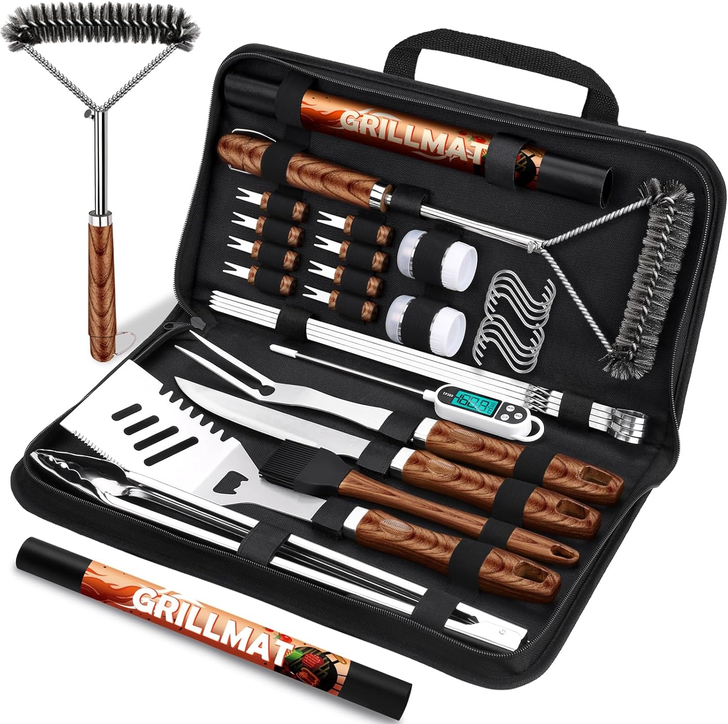 31Pcs BBQ Grill Accessories Set for Men Dad. Heavy Duty Grilling Tools Gifts for Fathers Day. Stainless Steel BBQ Utensils Kit with Mats. Grill Brush in Carrying Bag Brown - Image 7