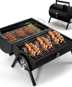 Joyfair Portable Charcoal Grill (2 in 1 Double-Sided). Small Tabletop Barbecue Grill with Food Tray & Rack for Outdoor Camping Home Patio BBQ Grilling. Heavy Duty & Multi-Use. Easy Assembly (230Sq.In)