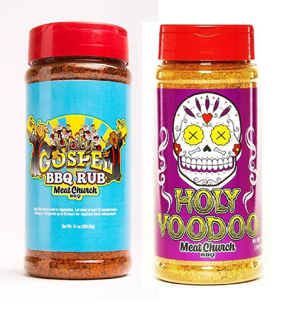 Meat Church BBQ Rub Combo: Holy Gospel (14 Oz) and Voodoo (14 Oz) BBQ Rub and Seasoning for Meat and Vegetables. Gluten Free. One Bottle of Each