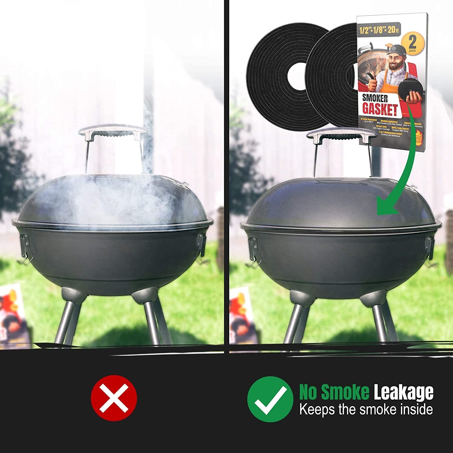 Smoker Chef XXL 20 FT Grill Gasket for Smokers - Black 1/2'' X 1/8'' Hi Temp Seal Smoker Gasket – 2-Pack X 10 FT Self Stick Black Nomex Fire Tape for BBQ Lid – High Heat Temperature Material Replace - Image 4