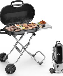 Joy Pebble Portable Propane Gas Grill. 15000BTUS.BBQ Gas Grill with 348 SQ Inch Large Cooking Areas. Sturdy Quick-Fold Legs. Portable & Foldable BBQ Grill for Outdoor Camping/Tailgating/Picnic. Black