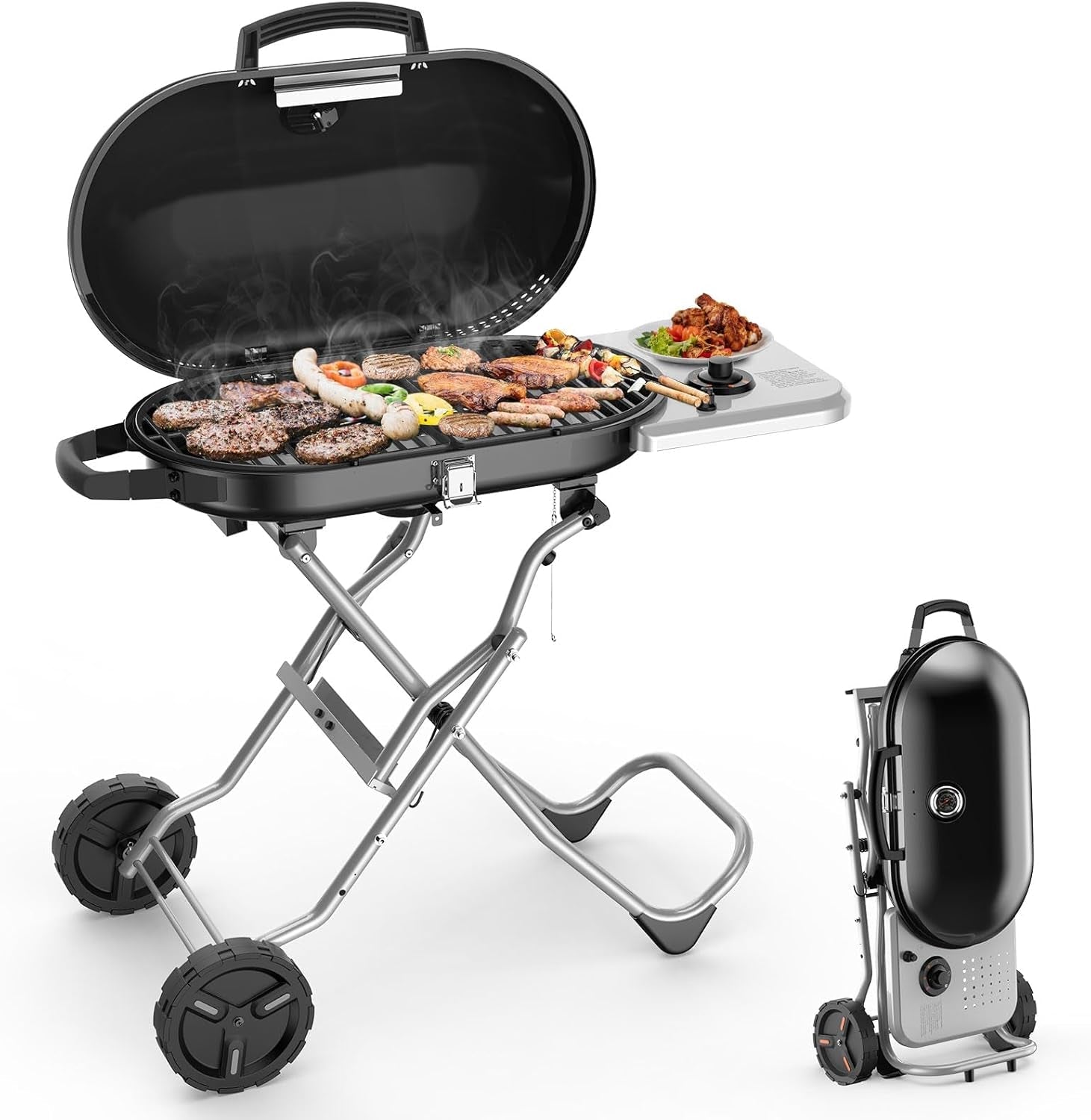 Joy Pebble Portable Propane Gas Grill. 15000BTUS.BBQ Gas Grill with 348 SQ Inch Large Cooking Areas. Sturdy Quick-Fold Legs. Portable & Foldable BBQ Grill for Outdoor Camping/Tailgating/Picnic. Black