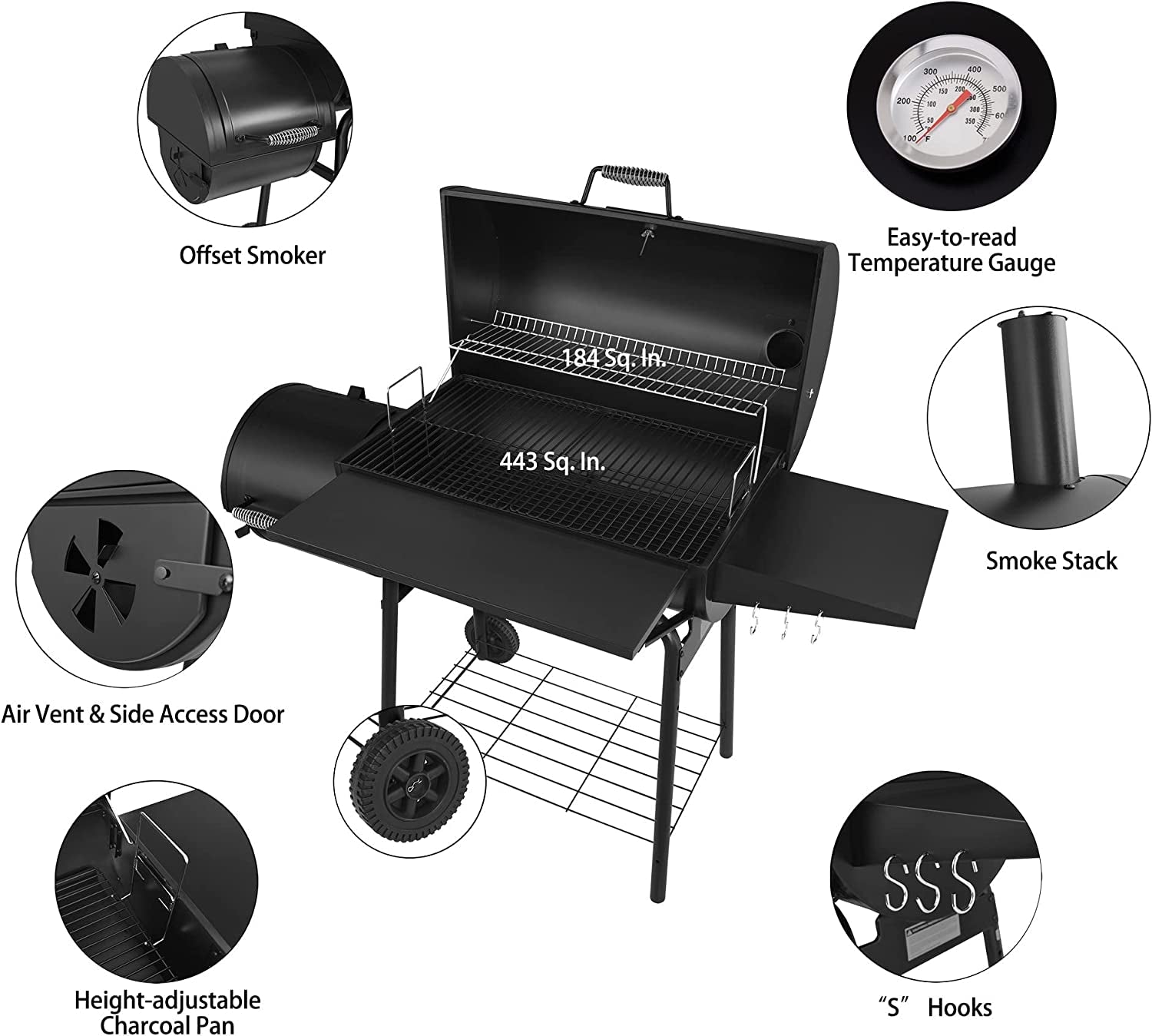 CC1830SC Charcoal Grill Offset Smoker with Cover. 811 Square Inches. Black. Outdoor Camping - Image 5