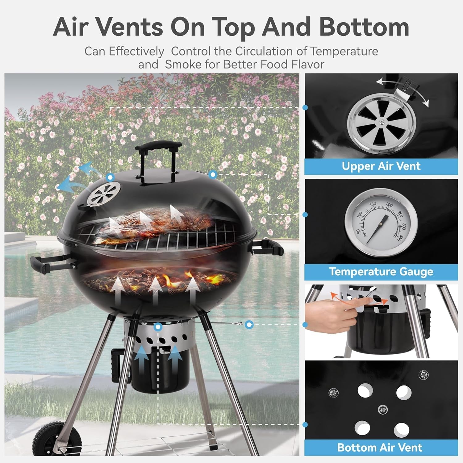 GREEN PARTY 22 Inch Kettle Charcoal BBQ Grill with Wheels. Portable Charcoal Grill with Porcelain-Enameled Lid & Ash Catcher for Outdoor Cooking Barbecue Camping Picnics Tailgating - Image 5