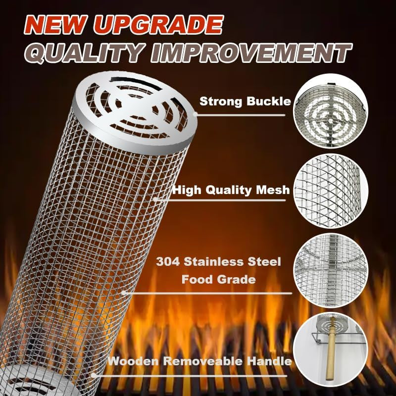 Nesting Rolling Grill Baskets 2PCS.304 Stainless Steel BBQ Tools with Removable Wooden Handle for Vegetables.Shrimp.Camping.Backyard.Outdoor Grilling Accessories.Grilling Gifts for Men - Image 3