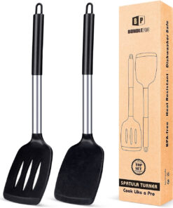 Pack of 2 Silicone Solid Turner.Non Stick Slotted Kitchen Spatulas.High Heat Resistant BPA Free Cooking Utensils.Ideal Cookware for Fish.Eggs.Pancakes (Black)