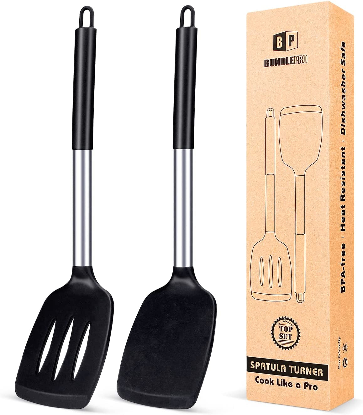 Pack of 2 Silicone Solid Turner.Non Stick Slotted Kitchen Spatulas.High Heat Resistant BPA Free Cooking Utensils.Ideal Cookware for Fish.Eggs.Pancakes (Black)
