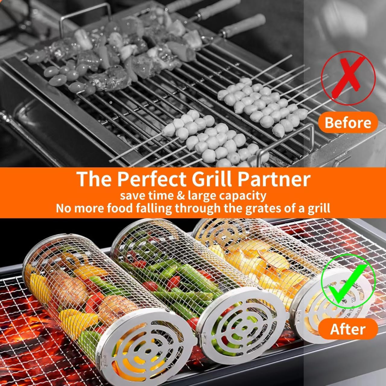 Wrakus Rolling Grilling Baskets for Outdoor - Grill Grate Charcoal round BBQ Stainless Steel Basket Campfire Grid Camping Picnic Cookware 1 (2PCS 300 * 90 90Mm) - Image 2