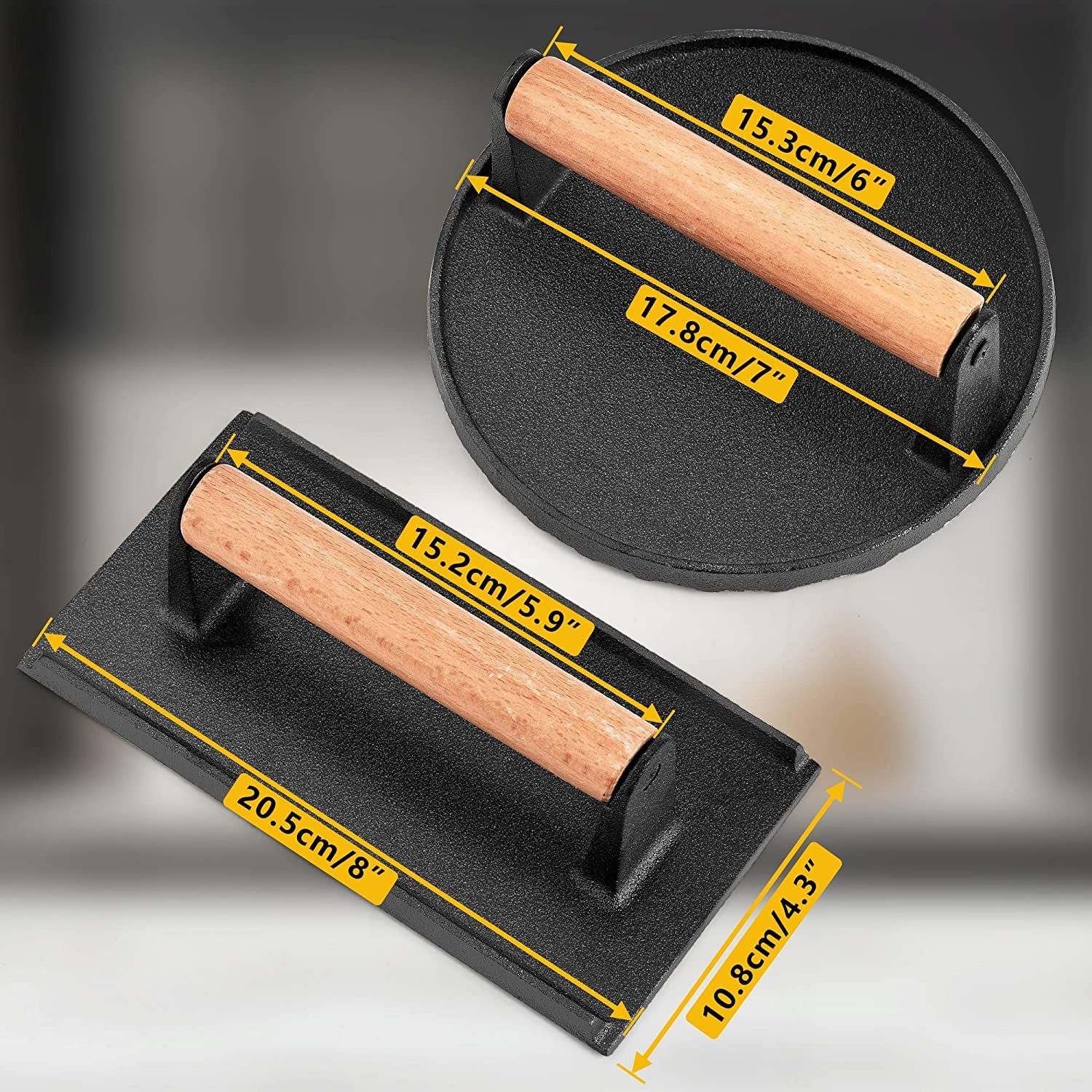 Leonyo 2Pcs Smash Burger Press. Bacon Press for Griddle. round Cast Iron Grill Press for Flat Top Grill. Rectangular Hamburger Smasher for Griddle. Food Meat Press for Steak. Sandwich. Nonstick Pan - Image 2