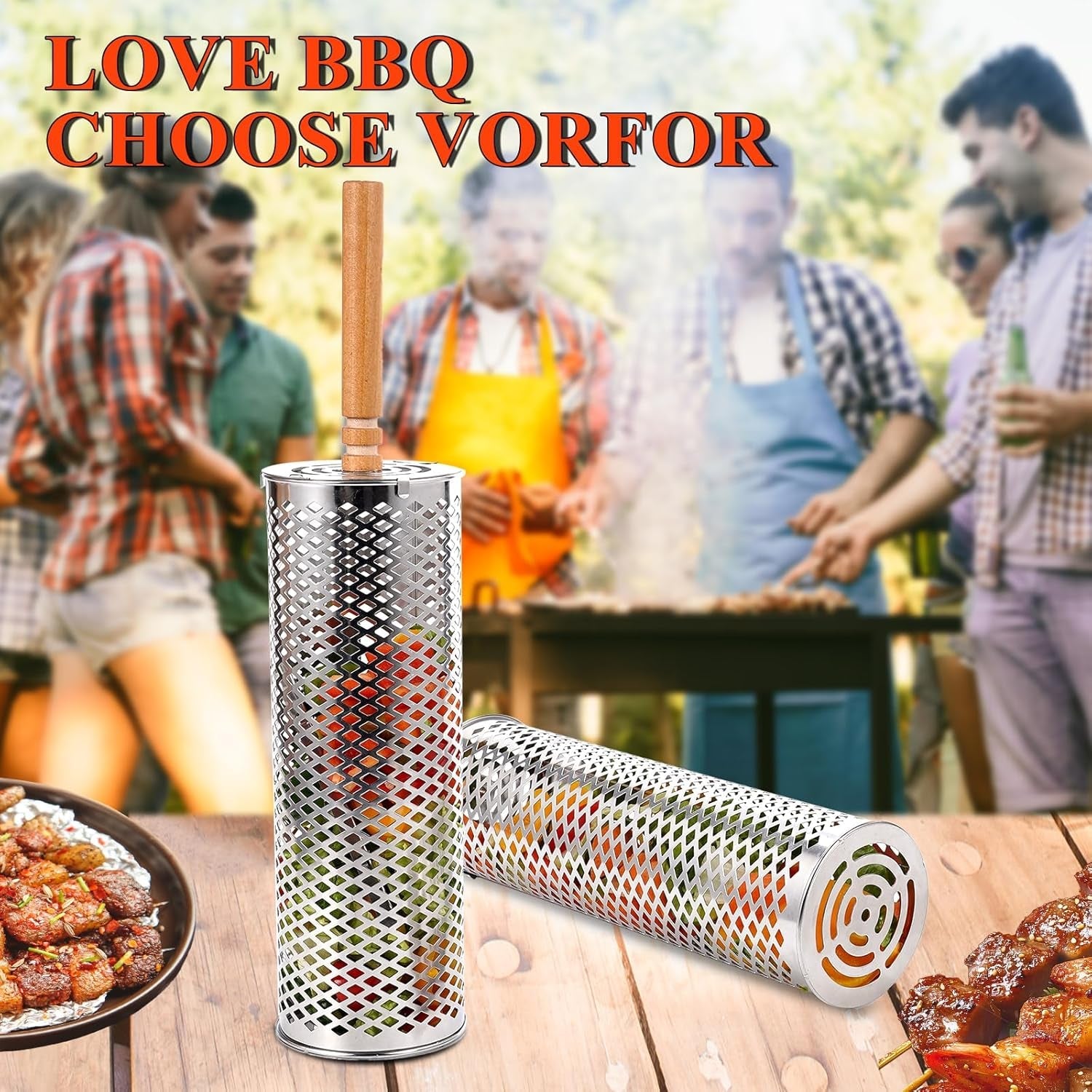 Rolling Grill Baskets(2 PCS).304 Stainless Steel with Removable Wooden Handle. Rolling Grilling Net for Vegetables. Shrimp. Fish. BBQ Accessories for Outdoor Cooking. Camping. Birthday Gifts for Men. Dad. Husband - Image 4