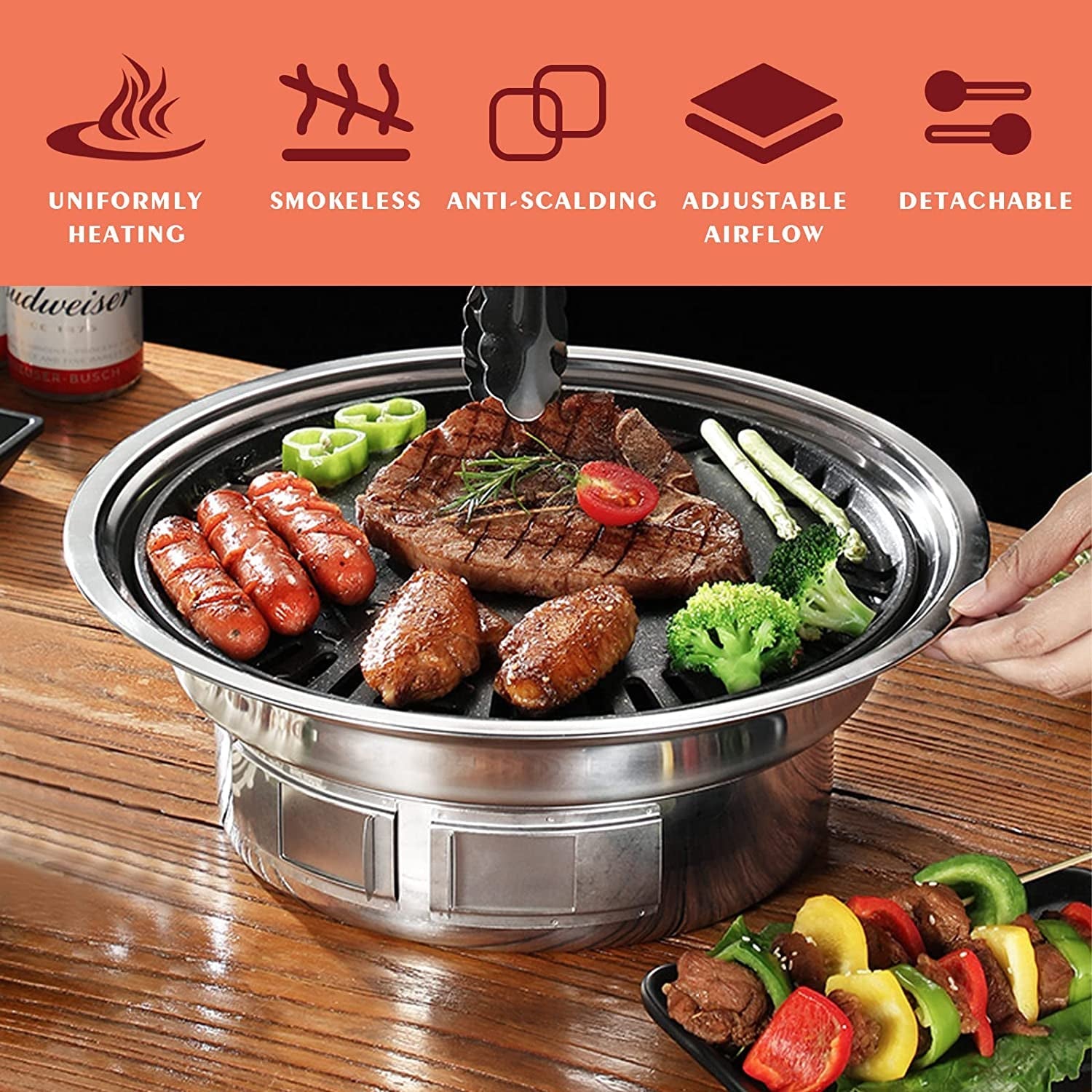 Puraville Charcoal Barbecue Grill. 13.7 Inches Non-Stick Korean BBQ Grill. Portable Stainless Steel Charcoal Stove for Home Party Outdoor Camping - Image 8