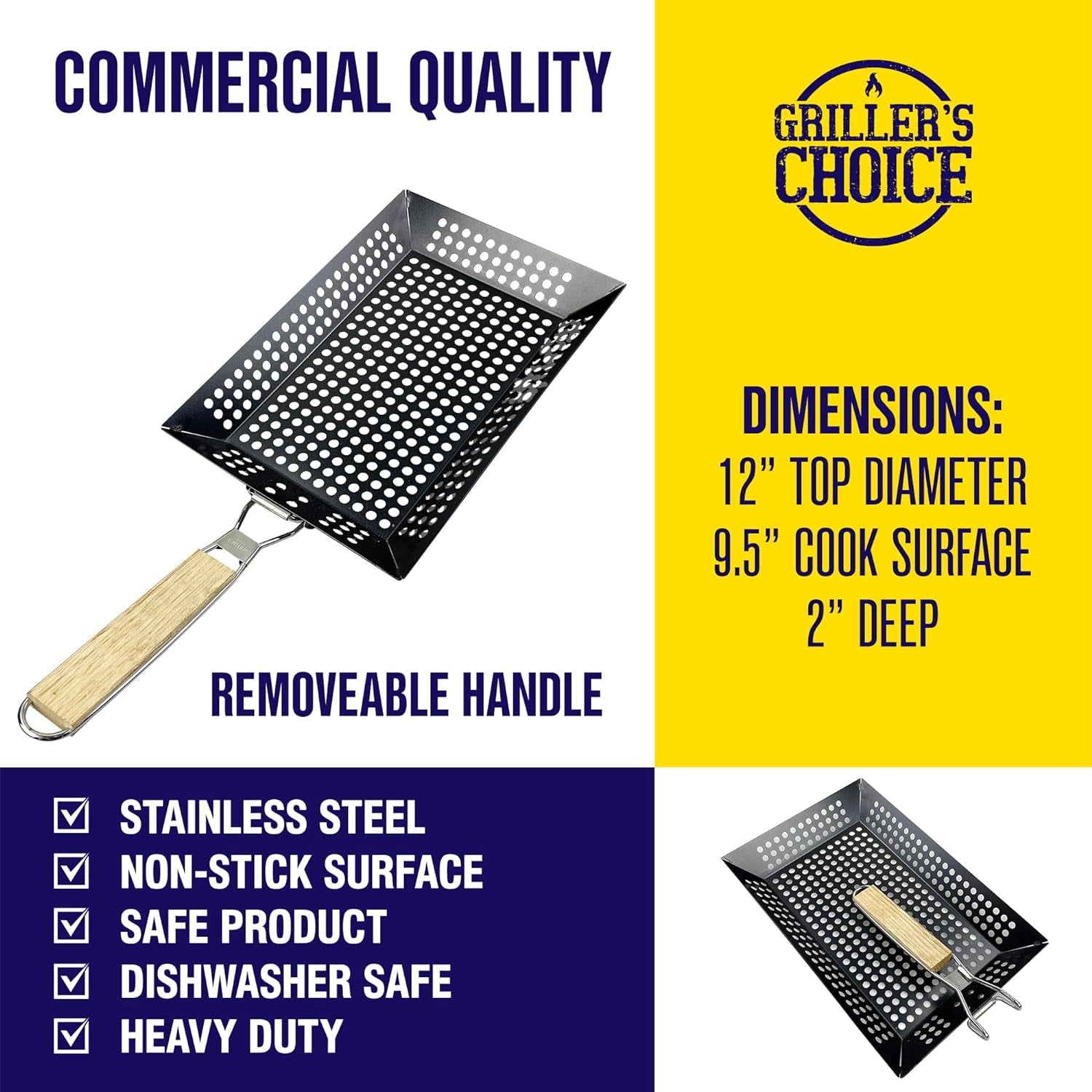 Griller'S Choice Rectangular Grill Basket with Removeable Handle - Large Non-Stick Commercial Basket with Handle for Outdoor Grilling. Designed by Chef. BBQ Judge. BBQ Grill Accessory Grill Pan. - Image 2