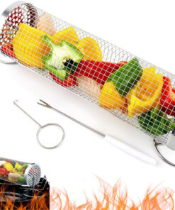 Rolling BBQ Grilling Basket for Outdoor | Versatile Stainless Steel Barbecue Grill | round Mesh Cylinder Accessories | Camping Rack for Cooking - 1 PCS