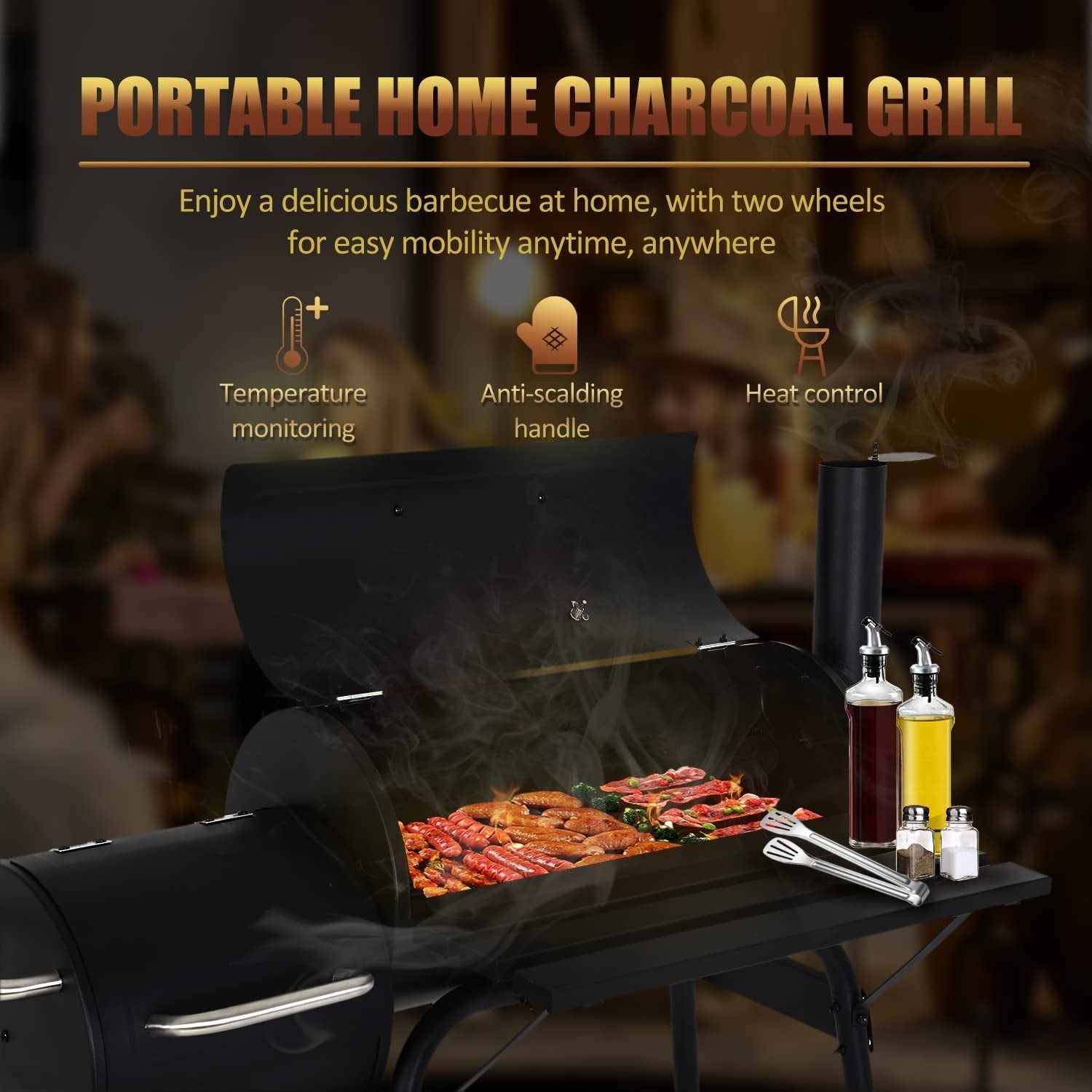 Charcoal Grills Outdoor BBQ Grill Offset Smoker with Wheels Side Fire Box Portable Barbecure Grill for Outdoor Cooking Backyard Camping Picnics.Black - Image 2
