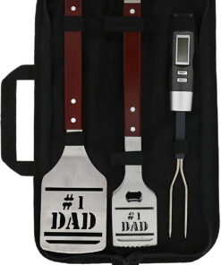 Panoware BBQ Grill Tools Set for Dad. 4 Piece Set. Number 1 Dad Tongs. Spatula. Digital Thermometer and Case