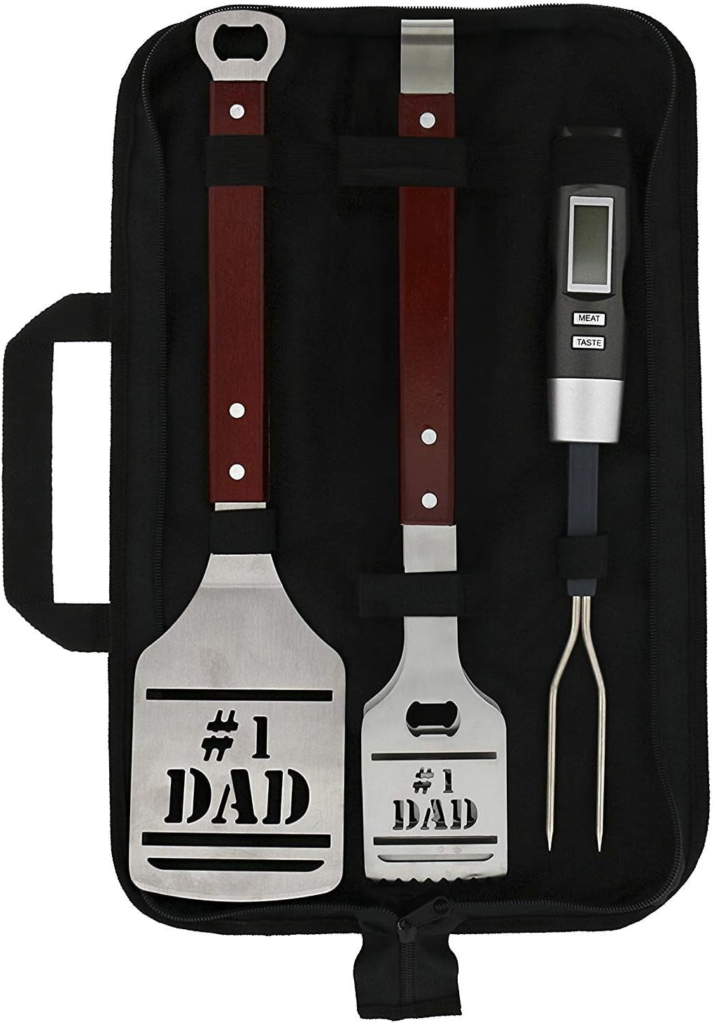 Panoware BBQ Grill Tools Set for Dad. 4 Piece Set. Number 1 Dad Tongs. Spatula. Digital Thermometer and Case