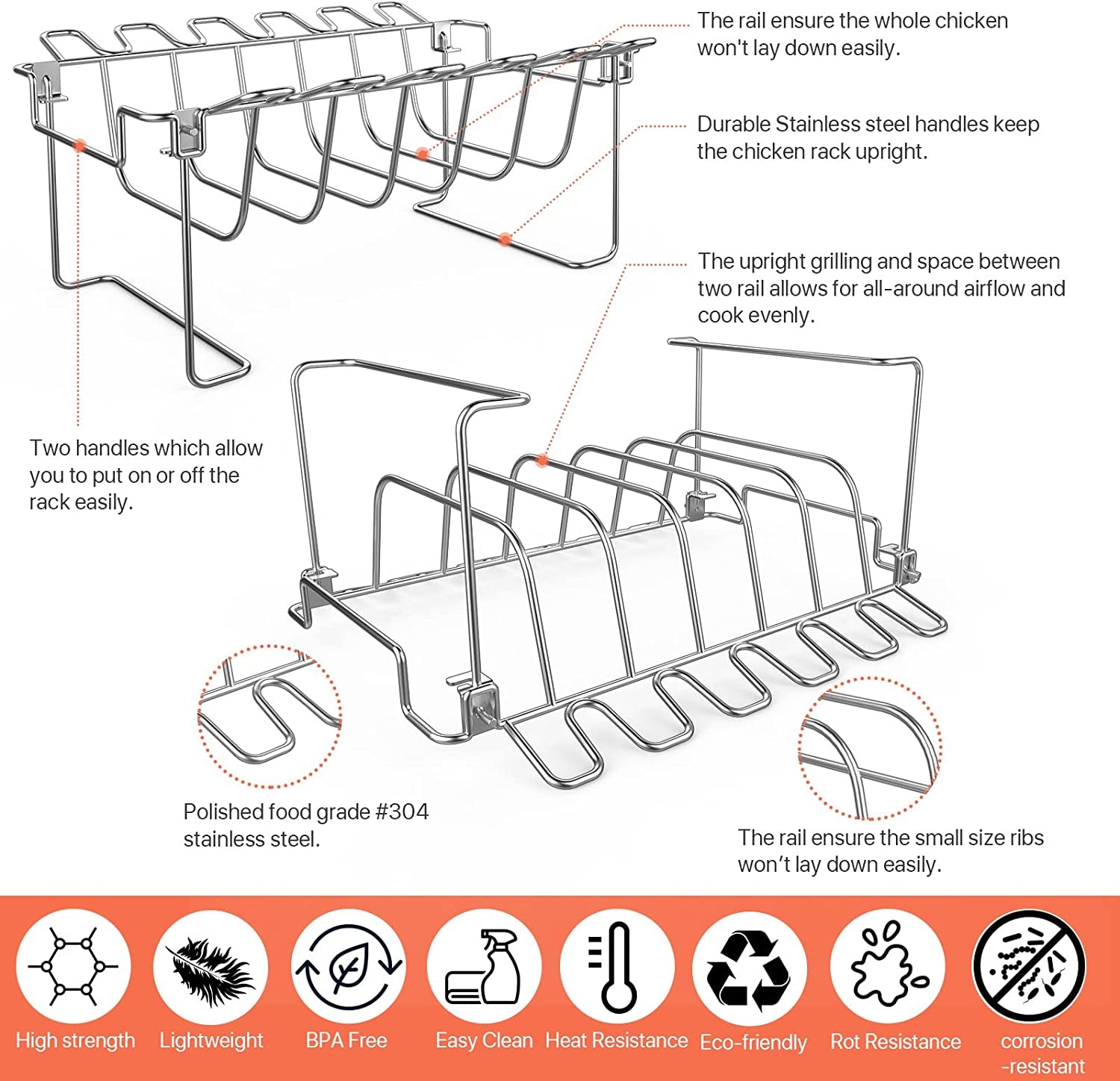3 in 1 Extra Large Rectangle Rib Rack&Chicken Leg Rack with Brush. Stainlesss Steel Roasting Rack with 2 Handle for Smoker. Oven and Grill. Holds up to 5 Ribs. Easy to Use&Clean - Image 3