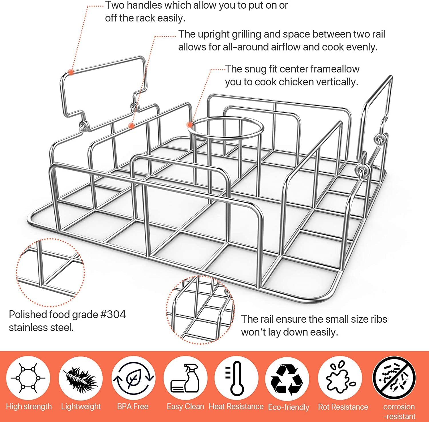 RUSFOL Beercan Chicken Roaster and Rib Rack with a Silicone Oil Brush. Square Stainless Steel BBQ Stand for Smoker.Oven and Grill. Cook up to 4 Ribs and a Whole Chicken at a Time - Image 3