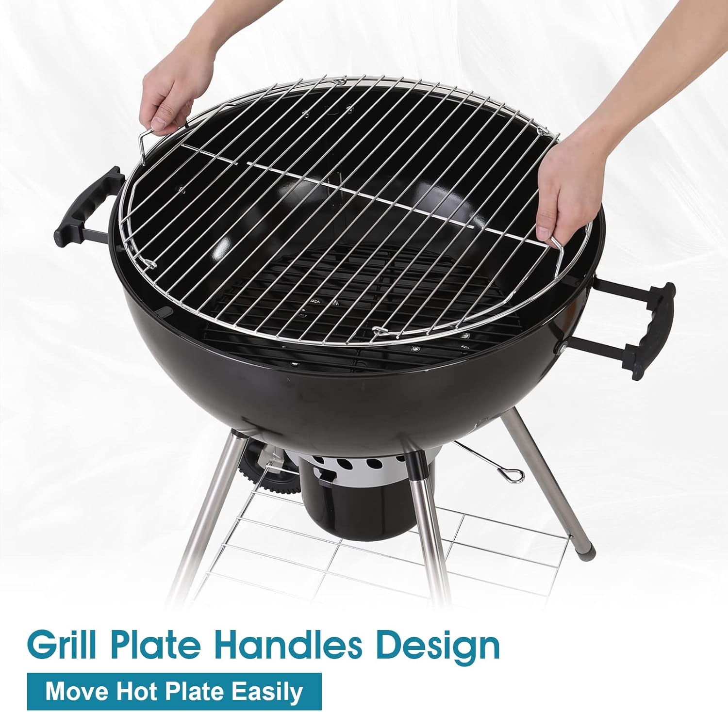 MFSTUDIO 22 Master Kettle Charcoal Grill. Premium Outdoor Barbecue Grill with Thermometers. Porcelain-Enameled Lid & Ash Catcher. Black - Image 4