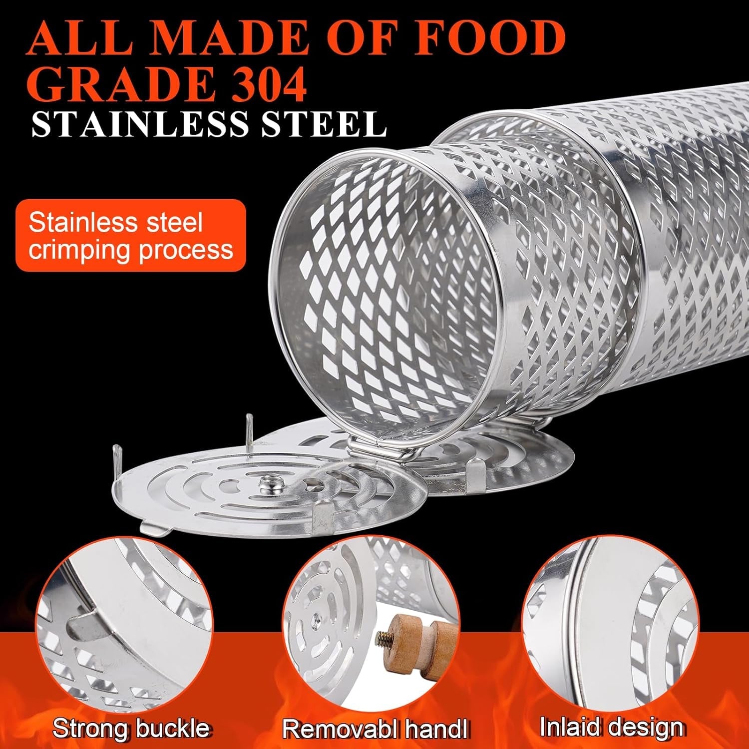 Rolling Grill Baskets(2 PCS).304 Stainless Steel with Removable Wooden Handle. Rolling Grilling Net for Vegetables. Shrimp. Fish. BBQ Accessories for Outdoor Cooking. Camping. Birthday Gifts for Men. Dad. Husband - Image 3