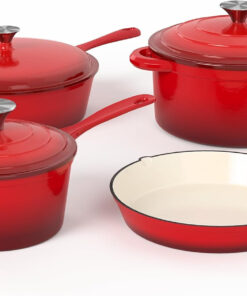 MAISON ARTS Enamel Cast Iron 7 Piece Cookware Set. Heavy Duty Dutch Ovens Pot with Lid. Red Non Stick Pots and Pans Sets. Oven Safe up to 500°F