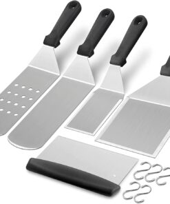 Griddle Accessories Kit of 5. Hasteel Heavy Duty Metal Spatula. Professional Stainless Steel Flat Top Griddle Tools Set. Pancake Flipper/Griddle Scraper/Hamburger Turner for BBQ Grilling Cast Iron