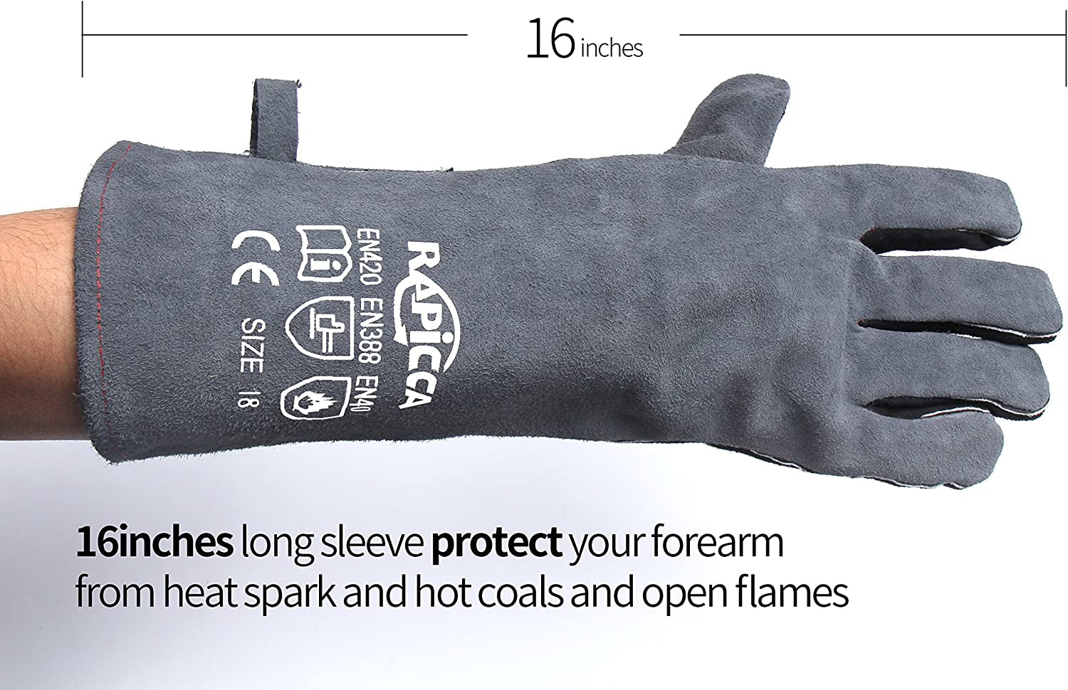 Welding Gloves 16 Inches.662℉.Heat Resistant Leather Forge/Mig/Stick Welding Gloves Heat/Fire Resistant. Mitts for Oven/Grill/Fireplace/Furnace/Stove/Pot Holder/Bbq/Animal Handling-Grey - Image 2