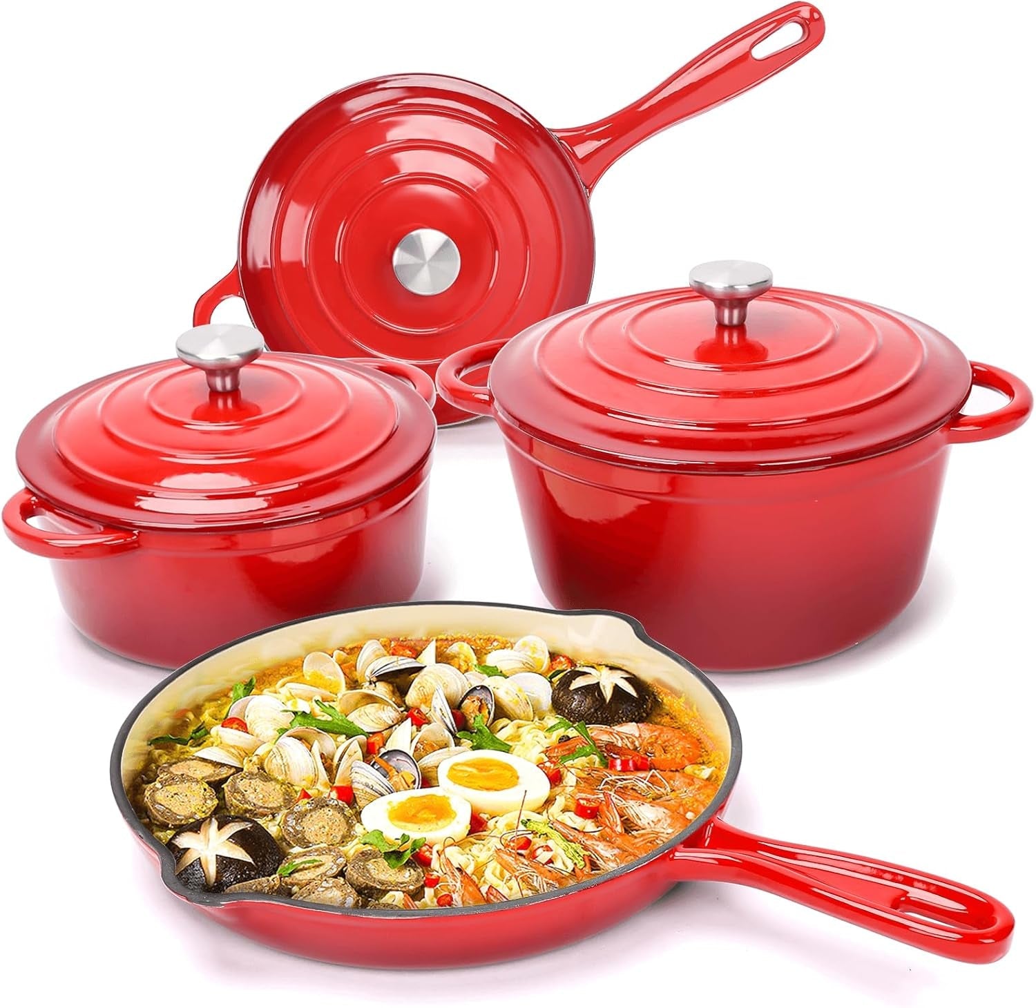 Hisencn Enameled Cast Iron Cookware Set - 7 Piece Set of Dutch Ovens. Sauce Pan. Skillet. 3 Lids. Dutch Oven Set. Ceramic Coated Cast Iron. Heavy Duty. Gas/Induction Compatible. PFA Free (Rouge Red) - Image 10