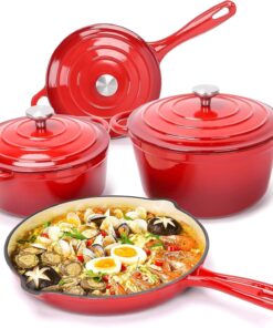 Hisencn Enameled Cast Iron Cookware Set - 7 Piece Set of Dutch Ovens. Sauce Pan. Skillet. 3 Lids. Dutch Oven Set. Ceramic Coated Cast Iron. Heavy Duty. Gas/Induction Compatible. PFA Free (Rouge Red)