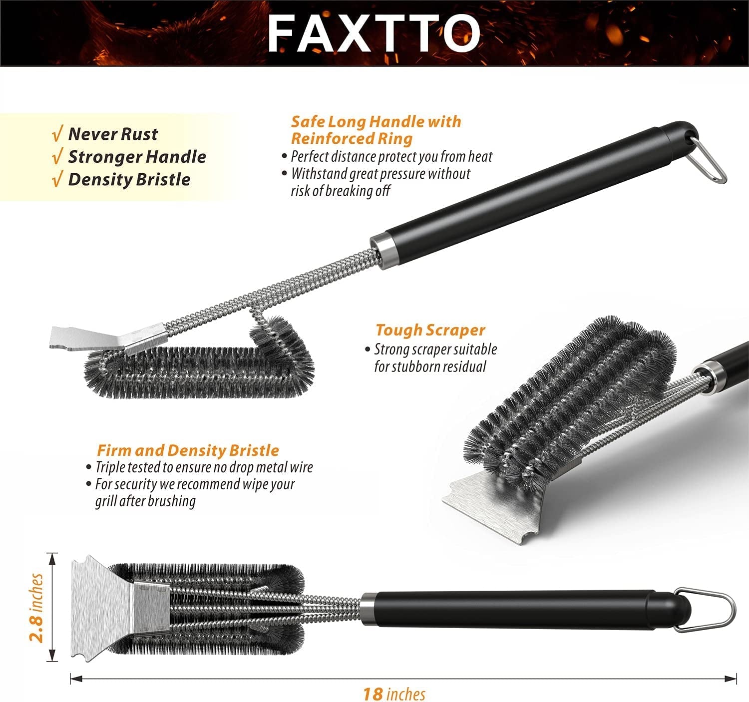 Grill Brush with Extra Strong Long Handle BBQ Cleaner Accessories - Safe Wire BBQ Brush. Triple Barbecue Scrubber Cleaning Brush for Gas/Charcoal Grilling Grates - Image 3
