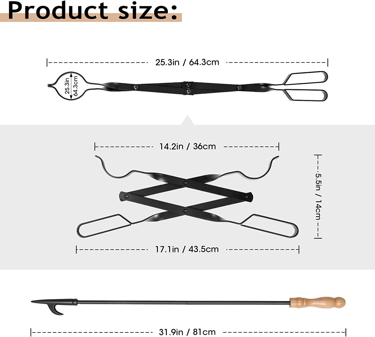 26 Fireplace Fire Pit Tongs & 32 Fire Pit Poker. Fireplace Wood Stove Firewood Tongs. Black Heavy Duty Wrought Iron Log Grabber Fire Pit Tools for Campfire. Fireplace. Bonfires. Indoor&Outdoor Use - Image 4