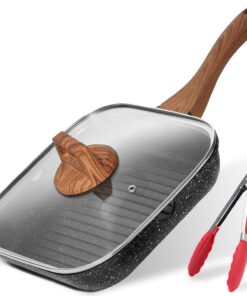 ESLITE LIFE 11 Inch Nonstick Grill Pan with Lid for Indoor Cooking. Versatile Induction Square Large Grilling Skillet Steak Pan for Stove Tops. PTFE & PFOA Free. Black