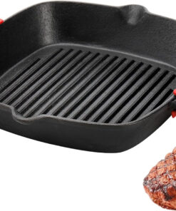Cast Iron Grill Pan. 10 Square Skillet with Easy Grease Drain Spout and Two Heat Insulated Silicone Handle Cover. Pre Seasoned Grill Pan for Grilling Bacon. Steak. Meats. Camping