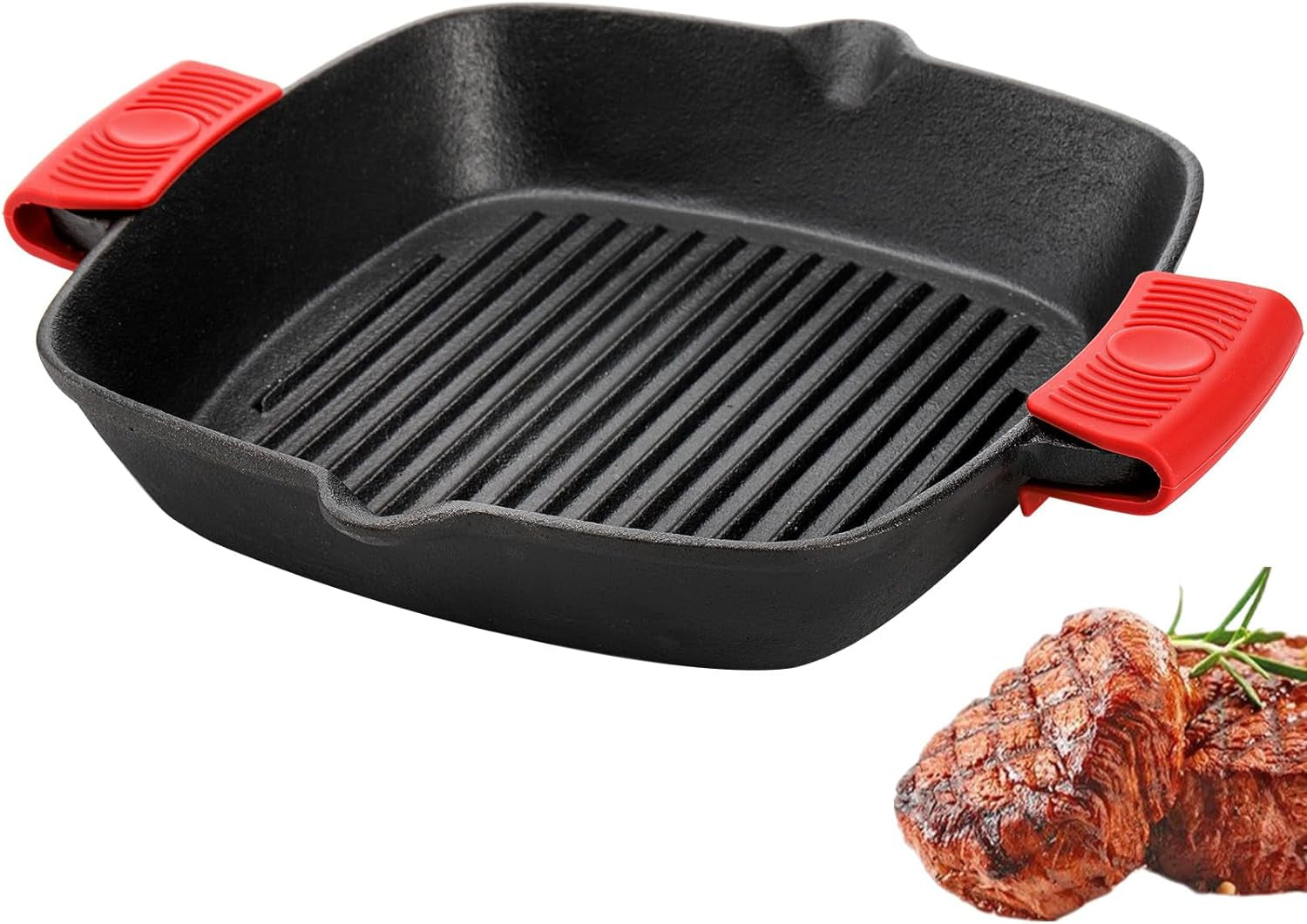 Cast Iron Grill Pan. 10 Square Skillet with Easy Grease Drain Spout and Two Heat Insulated Silicone Handle Cover. Pre Seasoned Grill Pan for Grilling Bacon. Steak. Meats. Camping