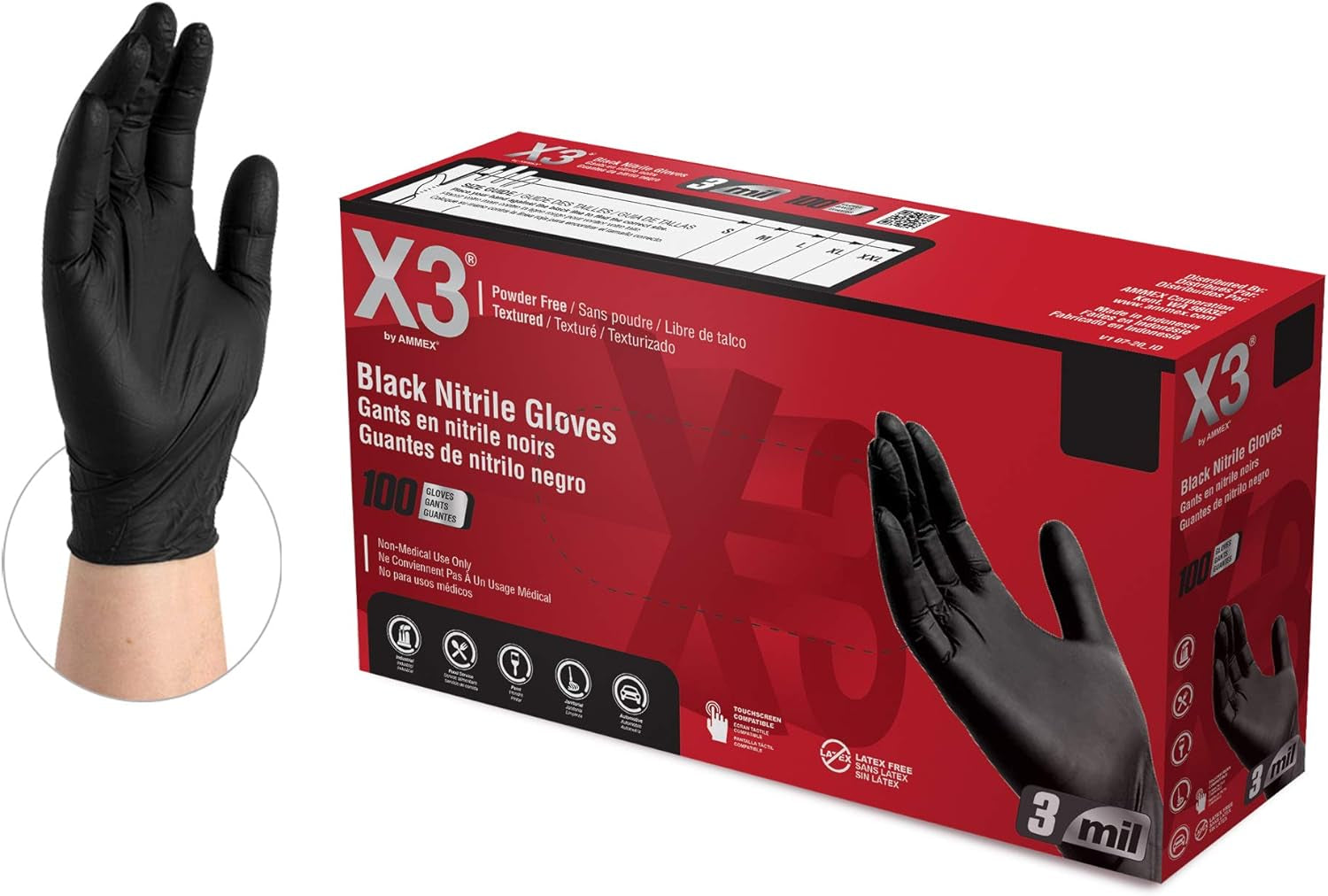 Black Nitrile Disposable Industrial-Grade Gloves 3 Mil. Latex and Powder-Free. Food-Safe. Non-Sterile. Lightly-Textured