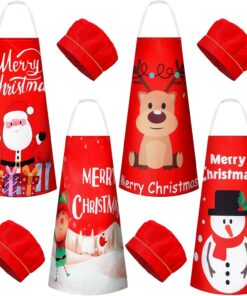 4 Sets Christmas Kids Apron and Chef Hat Boys Girls Aprons with 2 Pockets Hats Cooking Kitchen Painting Baking Wear